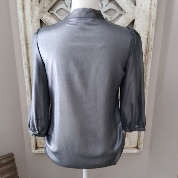Decree Women's Junior 3/4 Sleeve, Button Tie Front Sheer Top in Metallic Silver - Picture 5 of 6